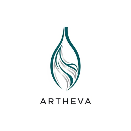 AI Design for Create a premium abstract logo for a mineral water brand named “ARTHEVA”. Design a single continuous fluid line forming an organic sigil inspired by natural water flow and underground mineral streams. The symbol should feel calm, pure, and timeless. Avoid bottle or droplet shapes. Use smooth curves, balanced symmetry, and negative space. Color palette: deep aqua with subtle silver highlights. Clean white background. Modern luxury branding style. Vector, flat, minimal, scalable.