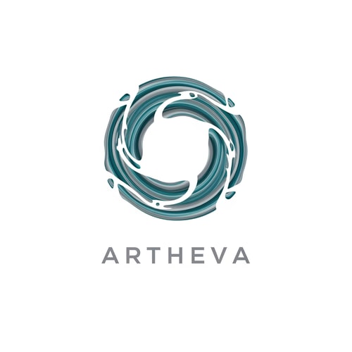 AI Design for Create a luxury abstract logo for “ARTHEVA” using a circular ring formed from layered mineral-flow strokes. The ring should have subtle breaks to suggest natural water circulation and sustainability. Use cool teal and platinum grey colors. Minimal, high-end branding style. Flat vector logo with strong balance and negative space.