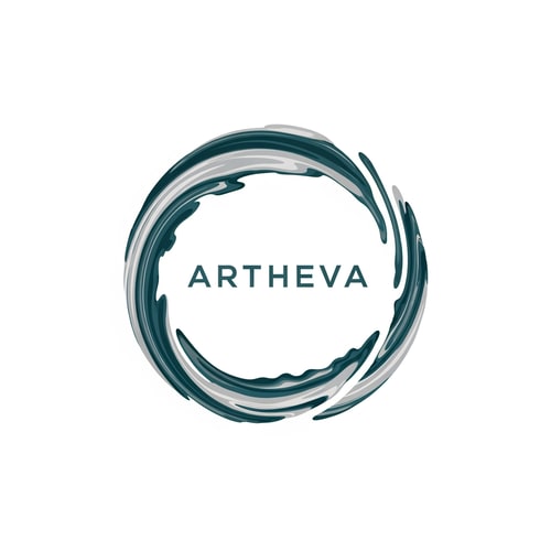 AI Design for Create a luxury abstract logo for “ARTHEVA” using a circular ring formed from layered mineral-flow strokes. The ring should have subtle breaks to suggest natural water circulation and sustainability. Use cool teal and platinum grey colors. Minimal, high-end branding style. Flat vector logo with strong balance and negative space.