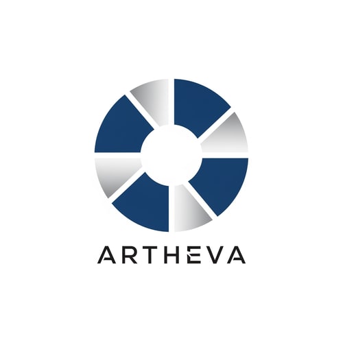 AI Design for Design a premium abstract logo for ARTHEVA using a circular form split into clean geometric segments. No water, no bottle, no droplet. Use symmetry and negative space to represent origin and precision. Color palette: deep blue + soft silver. Flat vector style, scalable, luxury corporate identity. Minimal typography, modern sans-serif wordmark.