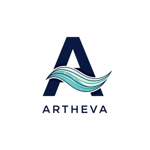 AI Design for Design a creative monogram logo for “ARTHEVA” by transforming the letter “A” into a flowing abstract wave form. The wave should feel elegant and controlled, representing pure mineral water movement. Avoid obvious wave clichés. Use navy blue and aqua tones. Modern sans-serif typography. Flat, minimal, scalable logo suitable for packaging and digital use.