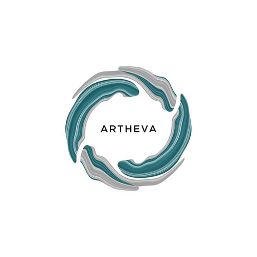 AI Design for Create a luxury abstract logo for “ARTHEVA” using a circular ring formed from layered mineral-flow strokes. The ring should have subtle breaks to suggest natural water circulation and sustainability. Use cool teal and platinum grey colors. Minimal, high-end branding style. Flat vector logo with strong balance and negative space.