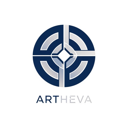 AI Design for Design a premium abstract logo for ARTHEVA using a circular form split into clean geometric segments. No water, no bottle, no droplet. Use symmetry and negative space to represent origin and precision. Color palette: deep blue + soft silver. Flat vector style, scalable, luxury corporate identity. Minimal typography, modern sans-serif wordmark.