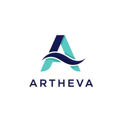 AI Design for Design a creative monogram logo for “ARTHEVA” by transforming the letter “A” into a flowing abstract wave form. The wave should feel elegant and controlled, representing pure mineral water movement. Avoid obvious wave clichés. Use navy blue and aqua tones. Modern sans-serif typography. Flat, minimal, scalable logo suitable for packaging and digital use.