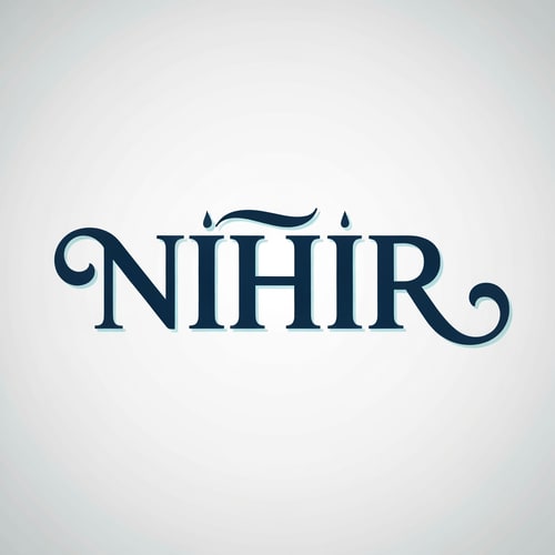 AI Design for Design a premium logo for "NIHIR" using a bold classy serif typography.

Create custom letterforms with soft flowing curves inspired by controlled water movement.
- Slight curvature in terminals (end strokes)
- Smooth transitions in letters like N, H, and R
- Add subtle thickness variation (thick → thin → thick)

Special detail:
- Extend the tail of "R" into a refined fluid curve
- Keep flow calm and engineered, not decorative

Style:
- Luxury, minimal, high-end
- Clean and balanced composition

Color:
- Deep navy blue (#0A1F44) with very subtle aqua highlight

Background:
- White or soft premium gradient

Lighting:
- Soft, controlled studio light