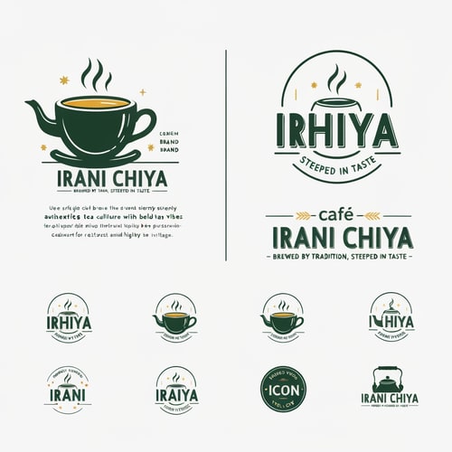 AI Design for “Create a modern, eye-catching logo for a café brand called Irani Chiya. The logo should strongly represent authentic tea culture with bold tea vibes. Include the slogan: ‘BREWED BY TRADITION, STEEPED IN TASTE’.
Use a clean, minimal yet premium design style. Incorporate elements like a steaming tea cup, tea leaves, or a traditional Irani tea kettle, but keep the design modern, iconic, and brandable.
Primary brand colors must be: Green #0D8140 and Yellow #FFF200 — use them prominently for contrast, vibrance, and recognition.
Typography should be bold, slightly vintage, and highly readable to match Irani chai heritage. The overall logo should feel warm, inviting, and memorable.
Generate variations including emblem style, icon-focused, badge-style, and wordmark versions with the slogan.”