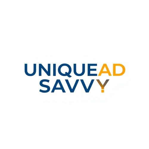 AI Design for Design a bold wordmark logo for UNIQUEAD SAVVY in uppercase lettering, with a dynamic symbol of arrows, analytics bars, or motion lines integrated into the text. Use contrasting colors (deep blue + orange highlights) to reflect growth, performance, and digital connectivity.