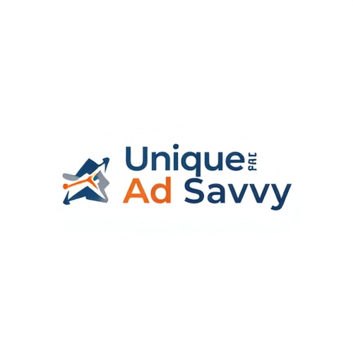 AI Design for Create a professional, trustworthy logo for Unique Ad Savvy, a performance marketing company. The logo should feature clean, minimal design elements such as arrows, graphs, or digital grids to represent growth and precision. Use a balanced color palette of navy blue, dark grey, and subtle orange highlights to communicate authority, reliability, and expertise.