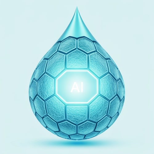 AI Design for Concept: A water droplet formed by 3D hexagonal data cells, with a glowing AI nucleus in the center — like the “heart” of smart purification.
Mood: Premium, tech-powered, intelligent purity.
Colors: Aqua blue → metallic cyan gradient with a subtle white core light.