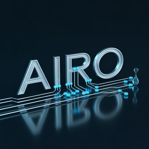 AI Design for Concept: The word AIRO is connected through ultra-thin metallic lines like a microchip circuit, with one main line flowing into a small droplet at the end — symbolizing data transforming into purity.
Mood: Precision engineering meets water innovation.
Colors: Steel silver, neon blue, glass reflections.