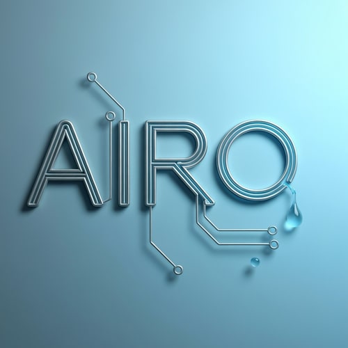 AI Design for Concept: The word AIRO is connected through ultra-thin metallic lines like a microchip circuit, with one main line flowing into a small droplet at the end — symbolizing data transforming into purity.
Mood: Precision engineering meets water innovation.
Colors: Steel silver, neon blue, glass reflections.