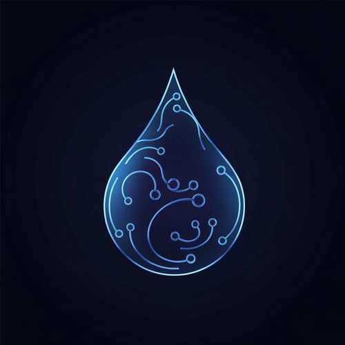 AI Design for Concept: A droplet whose outline subtly morphs into neural wave patterns or synapse curves, showing AI learning from every drop.
Mood: Intelligent evolution, futuristic learning.
Colors: Blue–violet neural glow with metallic depth.