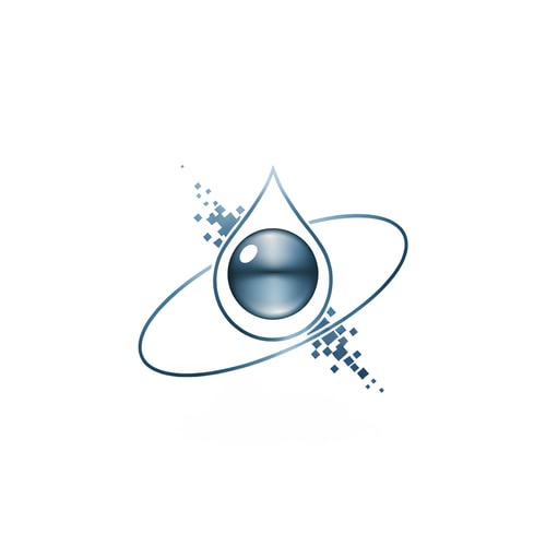 AI Design for A round droplet encircled by a thin orbit line, like an electron path or smart satellite ring. The orbit trail fades at one point into pixels — symbolizing AI automation. Metallic chrome or pure vector blue recommended.