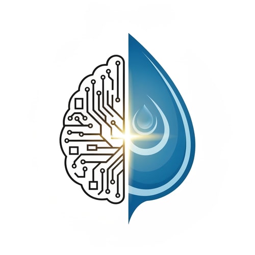 AI Design for Half of the logo shaped like a human brain made from clean line circuits, the other half a stylized water droplet. Merge occurs at center with a glowing divide. Represents intelligence powering water purification. Perfect for AI-driven theme.