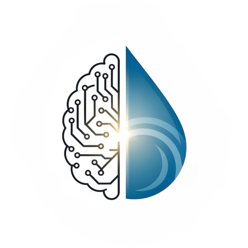 AI Design for Half of the logo shaped like a human brain made from clean line circuits, the other half a stylized water droplet. Merge occurs at center with a glowing divide. Represents intelligence powering water purification. Perfect for AI-driven theme.