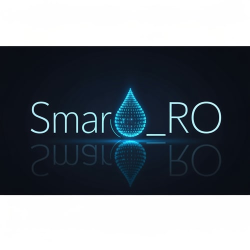 AI Design for Design Smart_RO in clean geometric sans-serif letters, with the “O” replaced by a glowing digital droplet made of blue micro-pixels. The “R” slightly curves toward the droplet, showing intelligent water flow. Dark navy background with subtle neon reflection below.