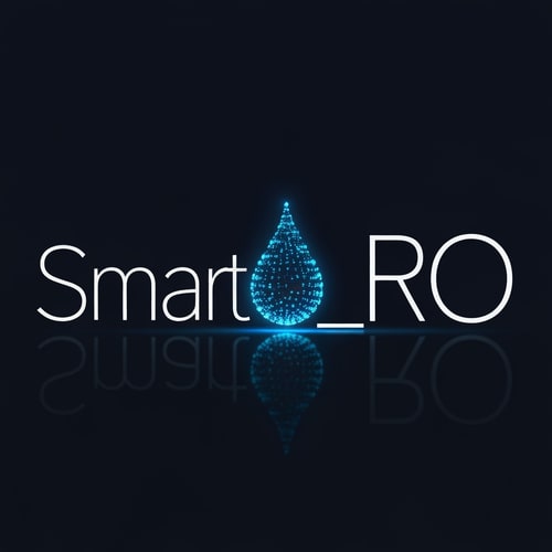 AI Design for Design Smart_RO in clean geometric sans-serif letters, with the “O” replaced by a glowing digital droplet made of blue micro-pixels. The “R” slightly curves toward the droplet, showing intelligent water flow. Dark navy background with subtle neon reflection below.