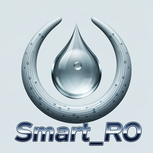AI Design for A droplet surrounded by two curved digital arms forming a soft embrace. Circuit nodes run along the arms. The droplet is crystal clear in the center. Smart_RO text in chrome and deep blue tones, reflecting