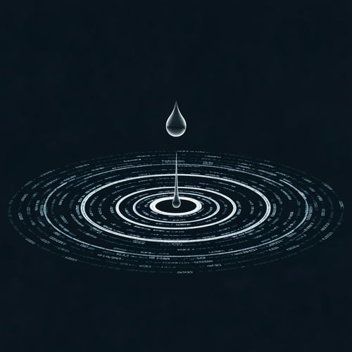 AI Design for A single droplet sits above the “O,” emitting layered circular ripples fading outward, made of light lines and small dots. Each ripple fades into digital code symbols. Theme: continuous AI sensing.