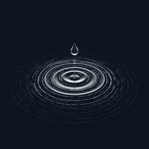 AI Design for A single droplet sits above the “O,” emitting layered circular ripples fading outward, made of light lines and small dots. Each ripple fades into digital code symbols. Theme: continuous AI sensing.