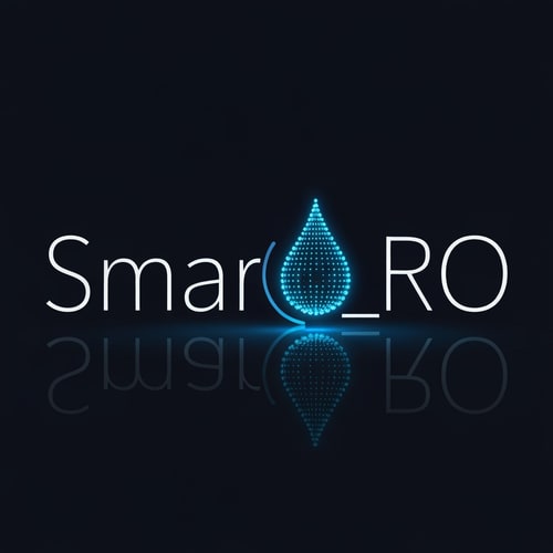 AI Design for Design Smart_RO in clean geometric sans-serif letters, with the “O” replaced by a glowing digital droplet made of blue micro-pixels. The “R” slightly curves toward the droplet, showing intelligent water flow. Dark navy background with subtle neon reflection below.