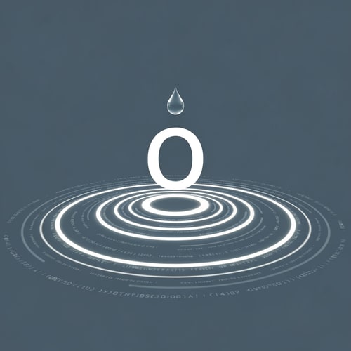 AI Design for A single droplet sits above the “O,” emitting layered circular ripples fading outward, made of light lines and small dots. Each ripple fades into digital code symbols. Theme: continuous AI sensing.