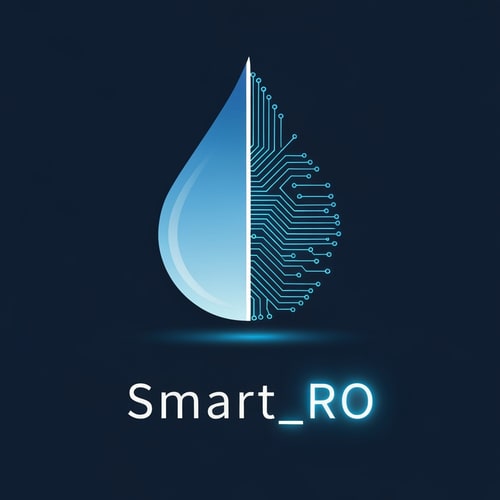AI Design for Split the droplet vertically: one side pure water gradient, the other digital circuit pattern. Below, Smart_RO written in sleek lowercase geometric typeface. The right half of text glows subtly, showing balance between natural care and AI control.