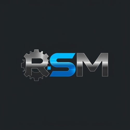 AI Design for Letterform for a company that manufactures industrial machinery named "RSM": Abstract representation of interlocking gears or machine parts forming the letters R, S, and M, Minimalist and modern, incorporating shades of deep industrial gray, brushed steel, and a pop of bright electric blue, Bold, sans-serif, geometric typeface with sharp edges, influenced by industrial design and brutalist architecture, Clean lines and precise geometric shapes, with a subtle metallic sheen, Solid, single color background (deep industrial gray).