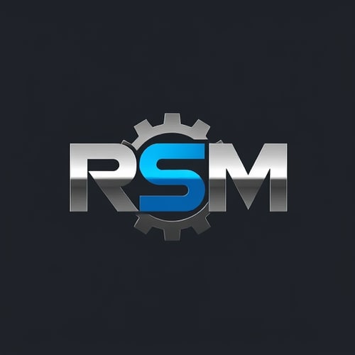 AI Design for Letterform for a company that manufactures industrial machinery named "RSM": Abstract representation of interlocking gears or machine parts forming the letters R, S, and M, Minimalist and modern, incorporating shades of deep industrial gray, brushed steel, and a pop of bright electric blue, Bold, sans-serif, geometric typeface with sharp edges, influenced by industrial design and brutalist architecture, Clean lines and precise geometric shapes, with a subtle metallic sheen, Solid, single color background (deep industrial gray).