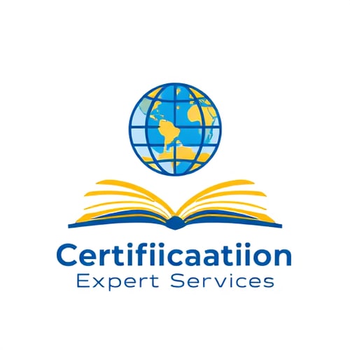 AI Design for Professional logo for "Certification Expert Services" with an open book icon and a stylized globe above it, representing knowledge and international reach. Use royal blue and golden yellow colors to convey education, growth, and ambition. Typography should be modern, clear, and easy to read. Keep the style minimal, vector-based, and suitable for use as a social media profile logo.