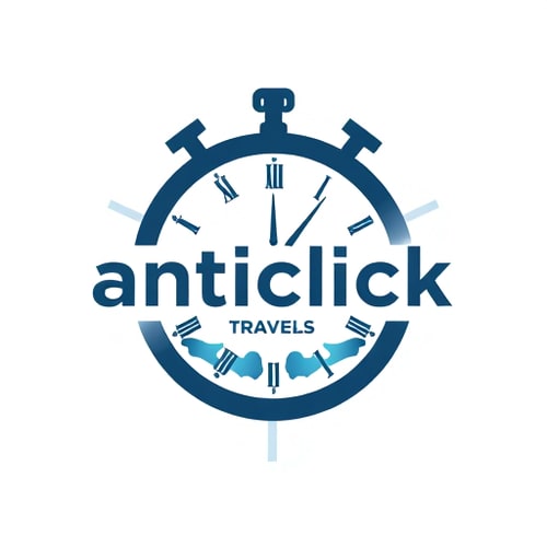 AI Design for create a logo on the name 'anticlock travels' with a clock and something related to travels
