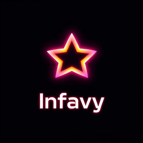 AI Design for “Create a modern and stunning logo for Infavy using a glowing star-shaped gradient icon as the base. The star should have smooth edges with a vibrant pink-to-orange neon gradient and a glossy 3D look. Add the brand name ‘Infavy’ below the icon in bold, futuristic typography with a slight glow, perfectly balanced with the star. The overall style should be sleek, premium, and eye-catching, suitable for a tech and entertainment platform. Use a dark background so the glowing colors pop.”