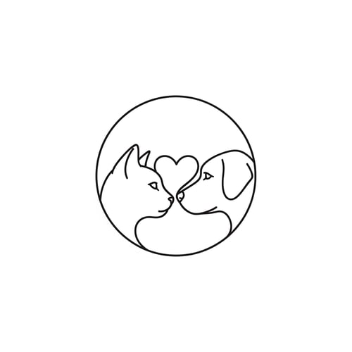 AI Design for “A minimal, luxury-style line-art logo featuring a cat and a dog facing each other inside a rounded circular badge. The illustration should look elegant, smooth, and modern, using clean continuous strokes with balanced symmetry. The cat and dog profiles should be simple, expressive, and formed with thin line-art, creating a soft heart-like negative space between their faces. Use premium, high-end visual styling, no shading, no textures, no gradients. Render on a pure white background, centered, with crisp vector-like clarity.”