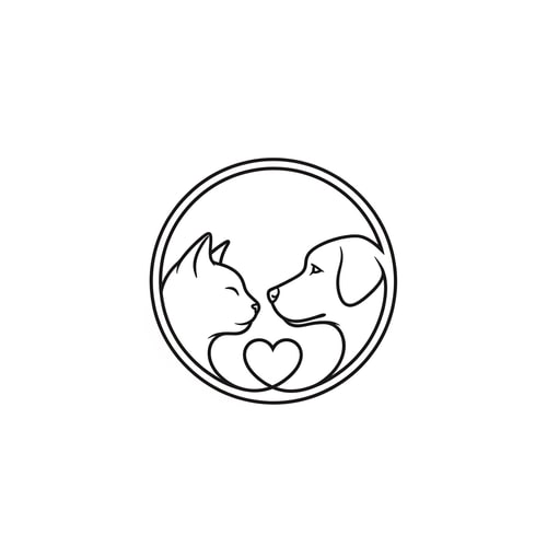 AI Design for “A minimal, luxury-style line-art logo featuring a cat and a dog facing each other inside a rounded circular badge. The illustration should look elegant, smooth, and modern, using clean continuous strokes with balanced symmetry. The cat and dog profiles should be simple, expressive, and formed with thin line-art, creating a soft heart-like negative space between their faces. Use premium, high-end visual styling, no shading, no textures, no gradients. Render on a pure white background, centered, with crisp vector-like clarity.”