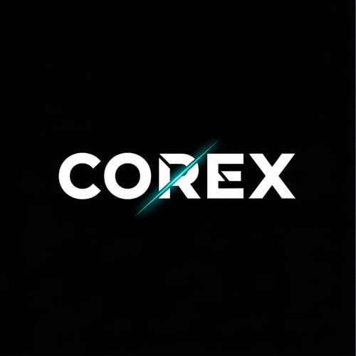 AI Design for “A modern, bold wordmark logo reading ‘COREX’ in all capital letters. Clean sans-serif typography with strong geometric forms. The letters are white on a deep black background. The ‘X’ is customized with a subtle diagonal cut and a neon-teal accent glow, representing strength and energy. Minimal, premium, gym and fitness brand identity, flat design, no textures, no gradients, centered composition.”