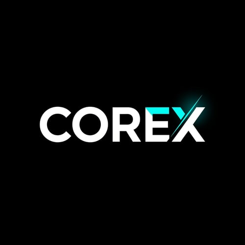 AI Design for “A modern, bold wordmark logo reading ‘COREX’ in all capital letters. Clean sans-serif typography with strong geometric forms. The letters are white on a deep black background. The ‘X’ is customized with a subtle diagonal cut and a neon-teal accent glow, representing strength and energy. Minimal, premium, gym and fitness brand identity, flat design, no textures, no gradients, centered composition.”