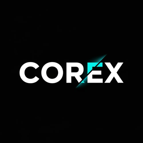 AI Design for “A modern, bold wordmark logo reading ‘COREX’ in all capital letters. Clean sans-serif typography with strong geometric forms. The letters are white on a deep black background. The ‘X’ is customized with a subtle diagonal cut and a neon-teal accent glow, representing strength and energy. Minimal, premium, gym and fitness brand identity, flat design, no textures, no gradients, centered composition.”
