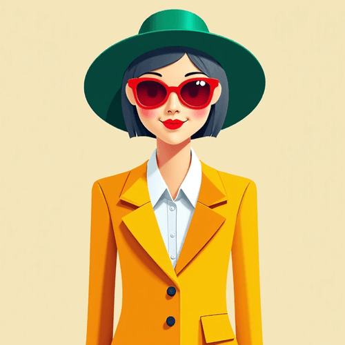 AI Design for old lady in a yellow suit with red sunglasses and green hat