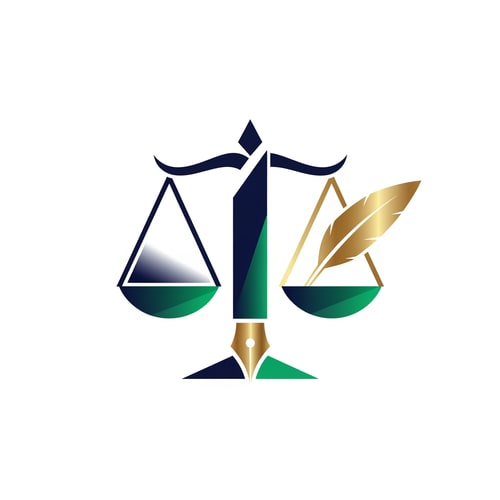 AI Design for A modern law book logo — Abstract scales of justice and a quill pen merging, clean lines and geometric shapes, deep navy blue, emerald green, and metallic gold, professional and authoritative, minimalist, vector art, sharp focus, subtle gradients, white background