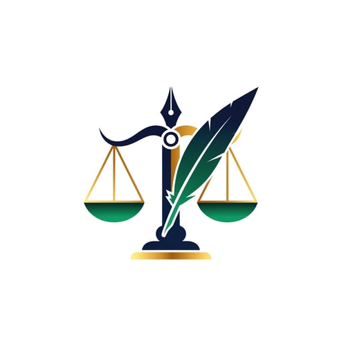 AI Design for A modern law book logo — Abstract scales of justice and a quill pen merging, clean lines and geometric shapes, deep navy blue, emerald green, and metallic gold, professional and authoritative, minimalist, vector art, sharp focus, subtle gradients, white background