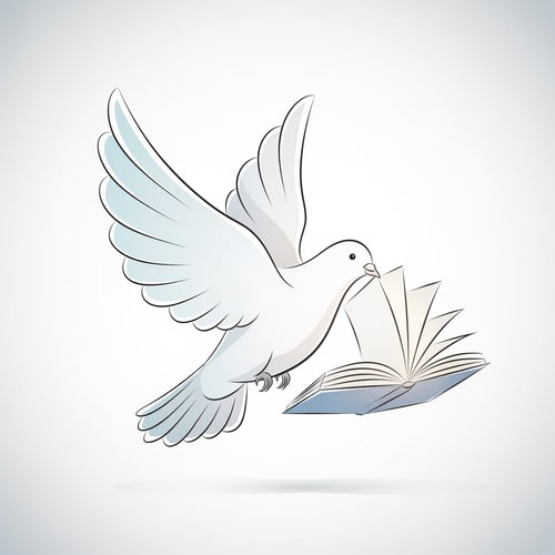 AI Design for A dove carrying an open book — a stylized dove in flight, with the book's pages gently unfurling, minimalist, ethereal, soft pastel blues and gentle grays, serene and hopeful, modern illustration, subtle gradients, clean lines, soft white background.