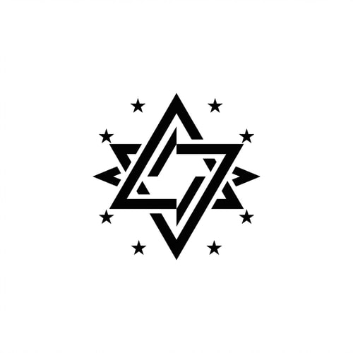 AI Design for A clean, abstract graphical element (such as a stylized icon or geometric shape) accented by several small, sharp five-pointed stars — Centered, high-contrast graphic utilizing deliberate negative space for impact — Restricted two-color palette (e.g., black and white or deep blue and gold) — Flat, shadowless studio illumination emphasizing precision — Minimalist vector design suitable for a professional logo mark; graphic lines are sharp and geometrically perfect — Maintain an ultra-minimalist aesthetic; avoid all texture, gradients, 3D effects, and photorealism — Solid, uniform background color.