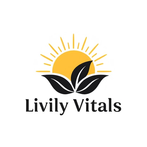AI Design for emblem, design logo for livily vitals in more stylish way include sun ray and leaf, black