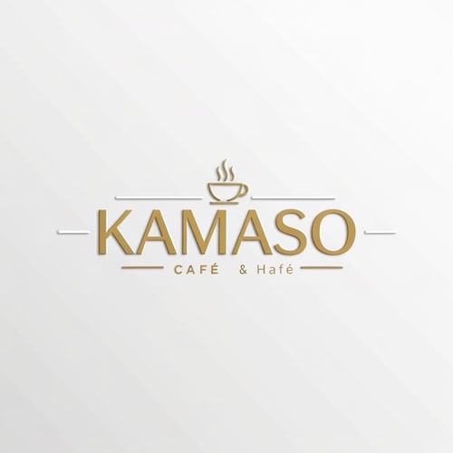 AI Design for Professional logo design for a café, brand name "KAMASO", elegant and modern style, white and gold color palette, clean minimalist design, subtle coffee-related elements incorporated (like steam or cup icon), luxurious and sophisticated feel, suitable for high-end café branding, crisp vector-style lines, white background, high-resolution, 3D subtle emboss effect, cinematic lighting, premium branding look
