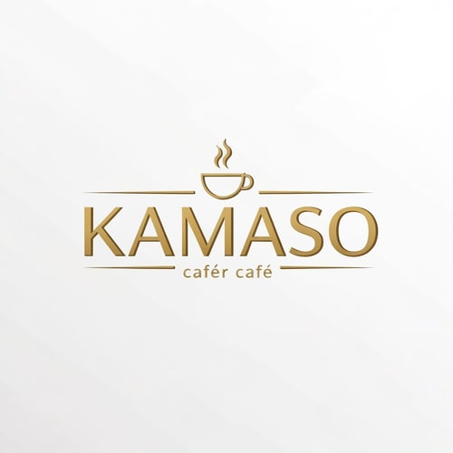 AI Design for Professional logo design for a café, brand name "KAMASO", elegant and modern style, white and gold color palette, clean minimalist design, subtle coffee-related elements incorporated (like steam or cup icon), luxurious and sophisticated feel, suitable for high-end café branding, crisp vector-style lines, white background, high-resolution, 3D subtle emboss effect, cinematic lighting, premium branding look