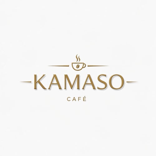 AI Design for Professional logo design for a café, brand name "KAMASO", elegant and modern style, white and gold color palette, clean minimalist design, subtle coffee-related elements incorporated (like steam or cup icon), luxurious and sophisticated feel, suitable for high-end café branding, crisp vector-style lines, white background, high-resolution, 3D subtle emboss effect, cinematic lighting, premium branding look