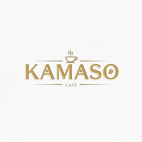AI Design for Professional logo design for a café, brand name "KAMASO", elegant and modern style, white and gold color palette, clean minimalist design, subtle coffee-related elements incorporated (like steam or cup icon), luxurious and sophisticated feel, suitable for high-end café branding, crisp vector-style lines, white background, high-resolution, 3D subtle emboss effect, cinematic lighting, premium branding look