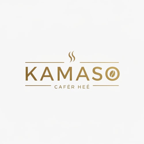AI Design for Professional logo design for a café, brand name "KAMASO", elegant and modern style, white and gold color palette, clean minimalist design, subtle coffee-related elements incorporated (like steam or cup icon), luxurious and sophisticated feel, suitable for high-end café branding, crisp vector-style lines, white background, high-resolution, 3D subtle emboss effect, cinematic lighting, premium branding look