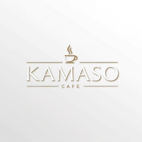AI Design for Professional logo design for a café, brand name "KAMASO", elegant and modern style, white and gold color palette, clean minimalist design, subtle coffee-related elements incorporated (like steam or cup icon), luxurious and sophisticated feel, suitable for high-end café branding, crisp vector-style lines, white background, high-resolution, 3D subtle emboss effect, cinematic lighting, premium branding look