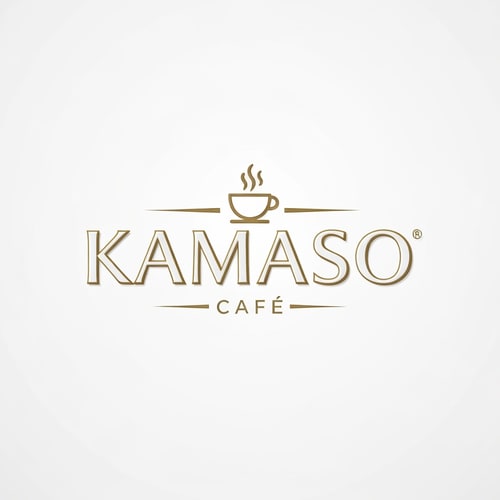 AI Design for Professional logo design for a café, brand name "KAMASO", elegant and modern style, white and gold color palette, clean minimalist design, subtle coffee-related elements incorporated (like steam or cup icon), luxurious and sophisticated feel, suitable for high-end café branding, crisp vector-style lines, white background, high-resolution, 3D subtle emboss effect, cinematic lighting, premium branding look